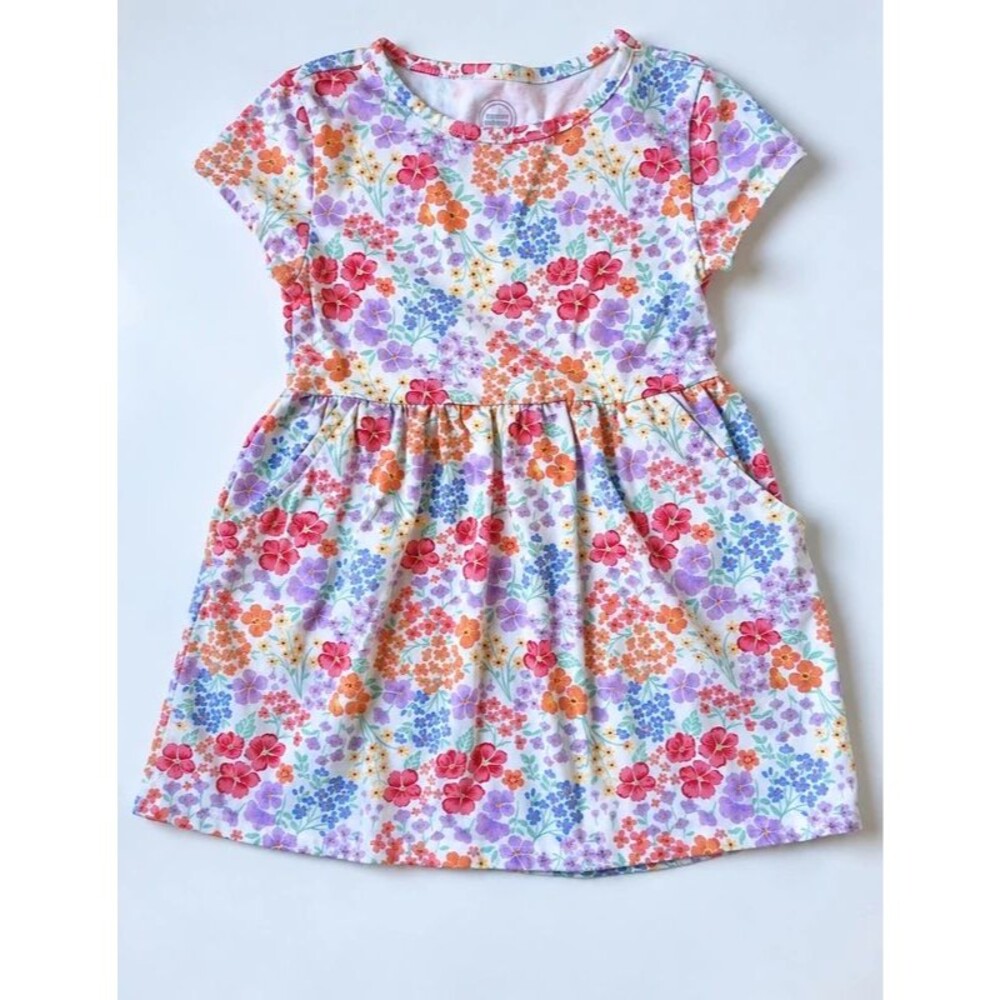Wonder Nation Girls XS 4-5 Multicolor Floral Short Sleeve Pocket Play Dress